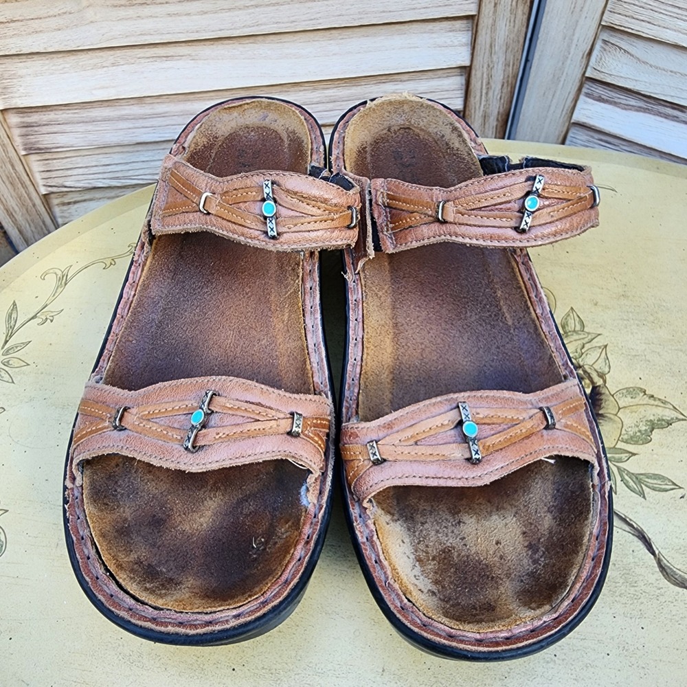Naot EU 39 US 8 Brown Leather Slide Wedge Sandals Turquoise Western Cowgirl Boho